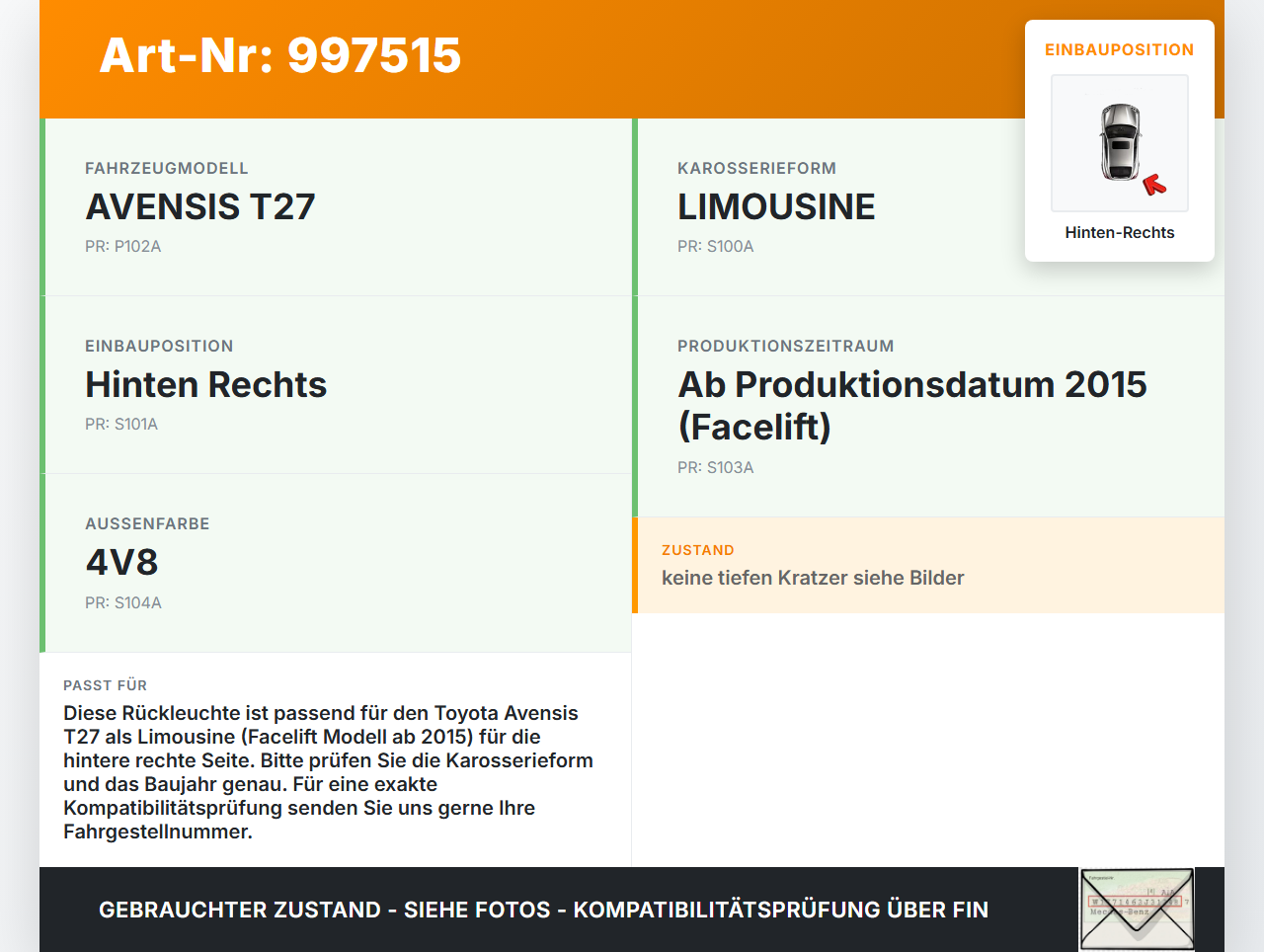 Avensis T27 15-18 Lim Rückleuchte Heckleuchte Hinten Rechts Avensis T27 15-18 20.01.2016 8155005300 81550-05300... Vorschau 3