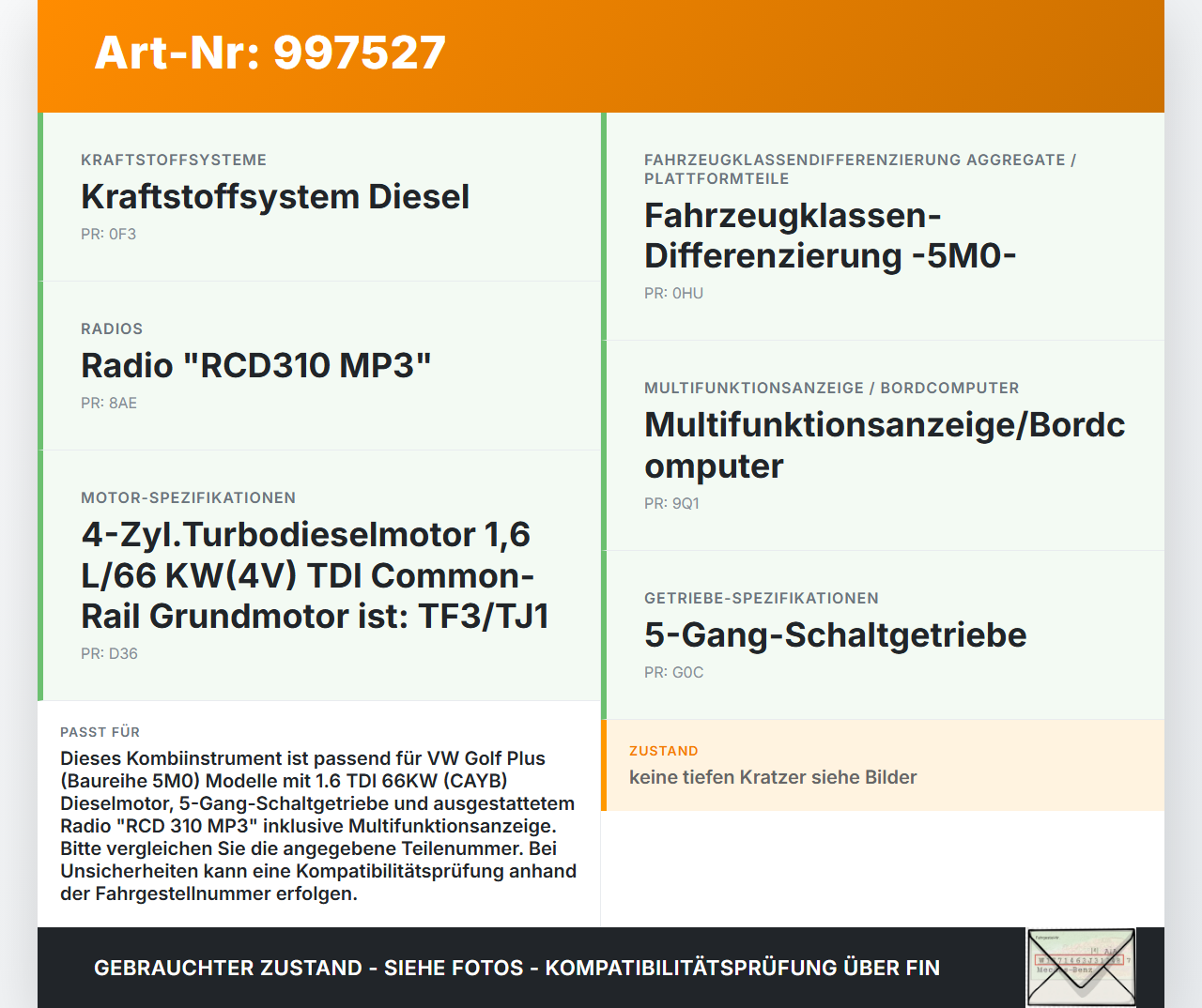 VW Golf Plus 5M 08-14 TDI 1,6 66KW Kombiinstrument Tacho Tachoanzeige Display VW Golf Plus 5M 08-14 07.04.2009... Vorschau 3