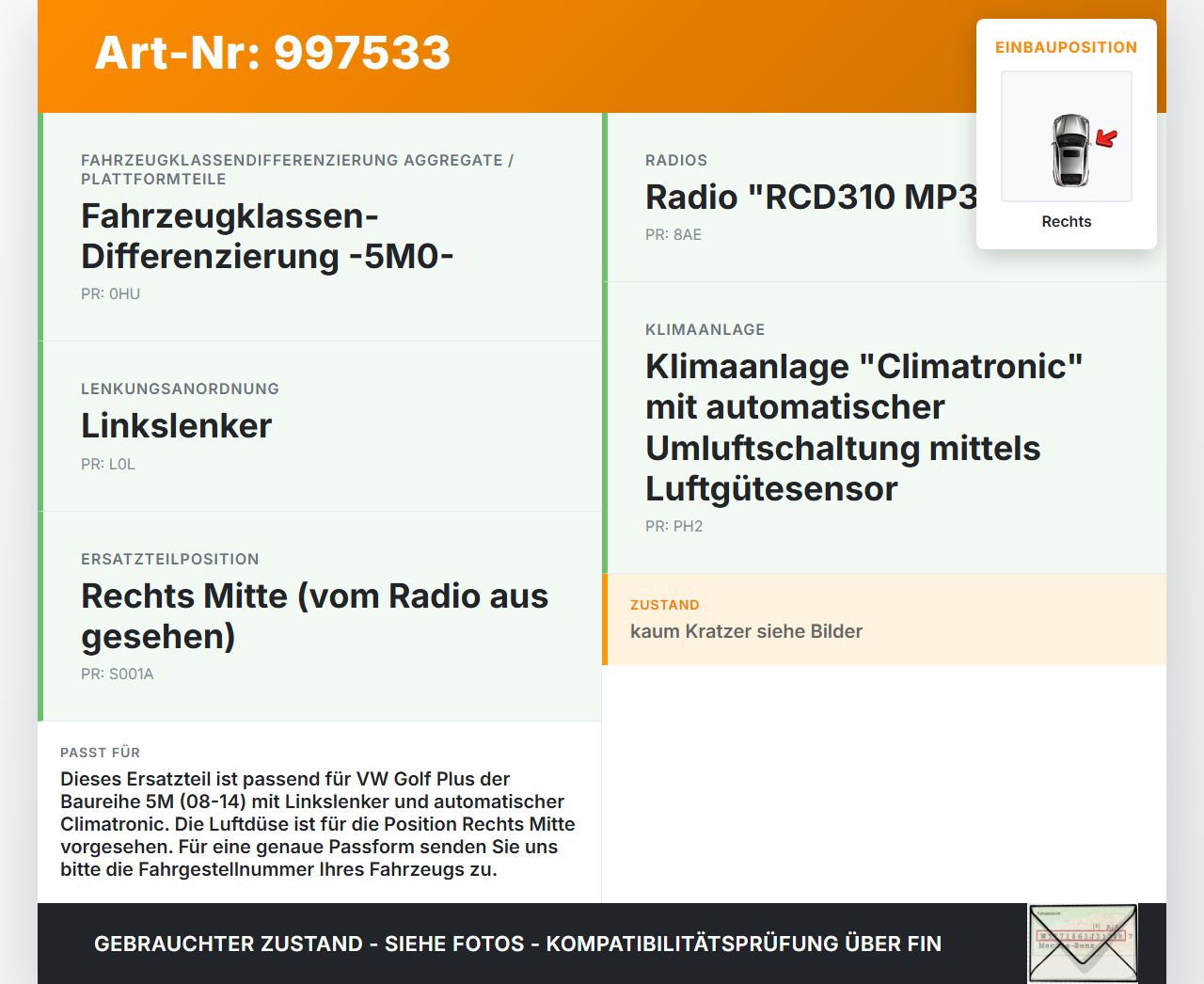 VW Golf Plus 5M 08-14 Luftdusche Luftdüse Rechts Mitte VW Golf Plus 5M 08-14 07.04.2009 5M0819198A gebraucht Vorschau 3