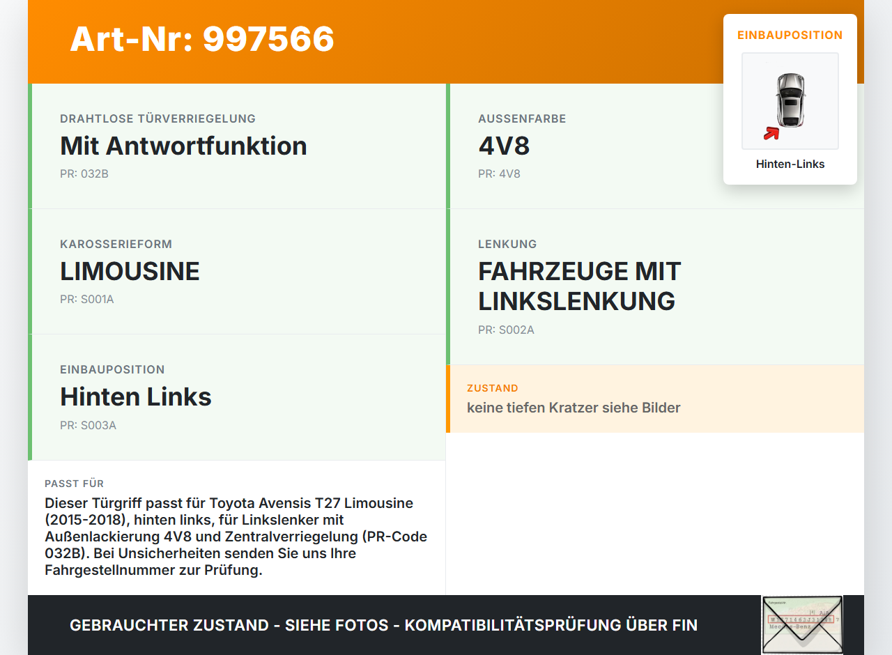 Avensis T27 15-18 Lim Türgriff Außengriff Tür Griff Hinten Links 4V8 Avensis T27 15-18 20.01.2016 gebraucht Vorschau 3