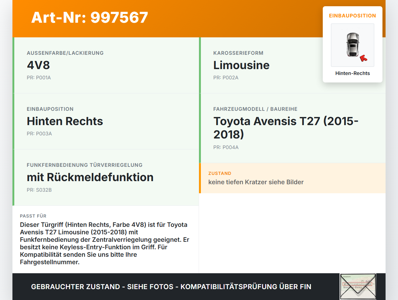 Avensis T27 15-18 Lim Türgriff Außengriff Hinten Rechts 4V8 Avensis T27 15-18 20.01.2016 gebraucht Vorschau 3