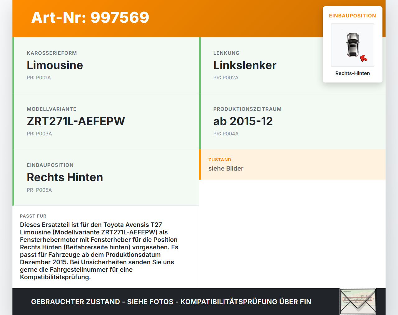 Avensis T27 15-18 Lim Fensterhebermotor mit Fensterheber Rechts Hinten Avensis T27 15-18 20.01.2016 85710-05061... Vorschau 3