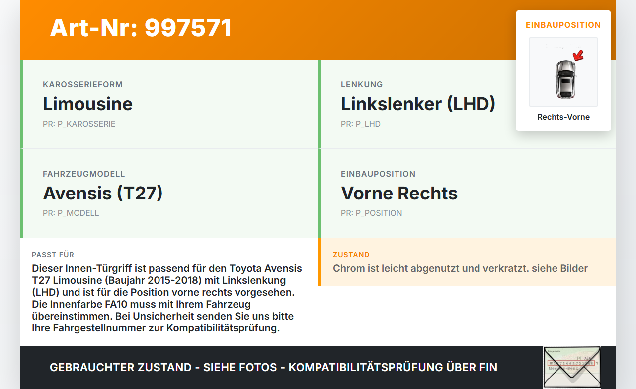 Avensis T27 15-18 Lim Türgriff Griffmuschel Griff Innen Rechts Vorne Avensis T27 15-18 20.01.2016 gebraucht Vorschau 3