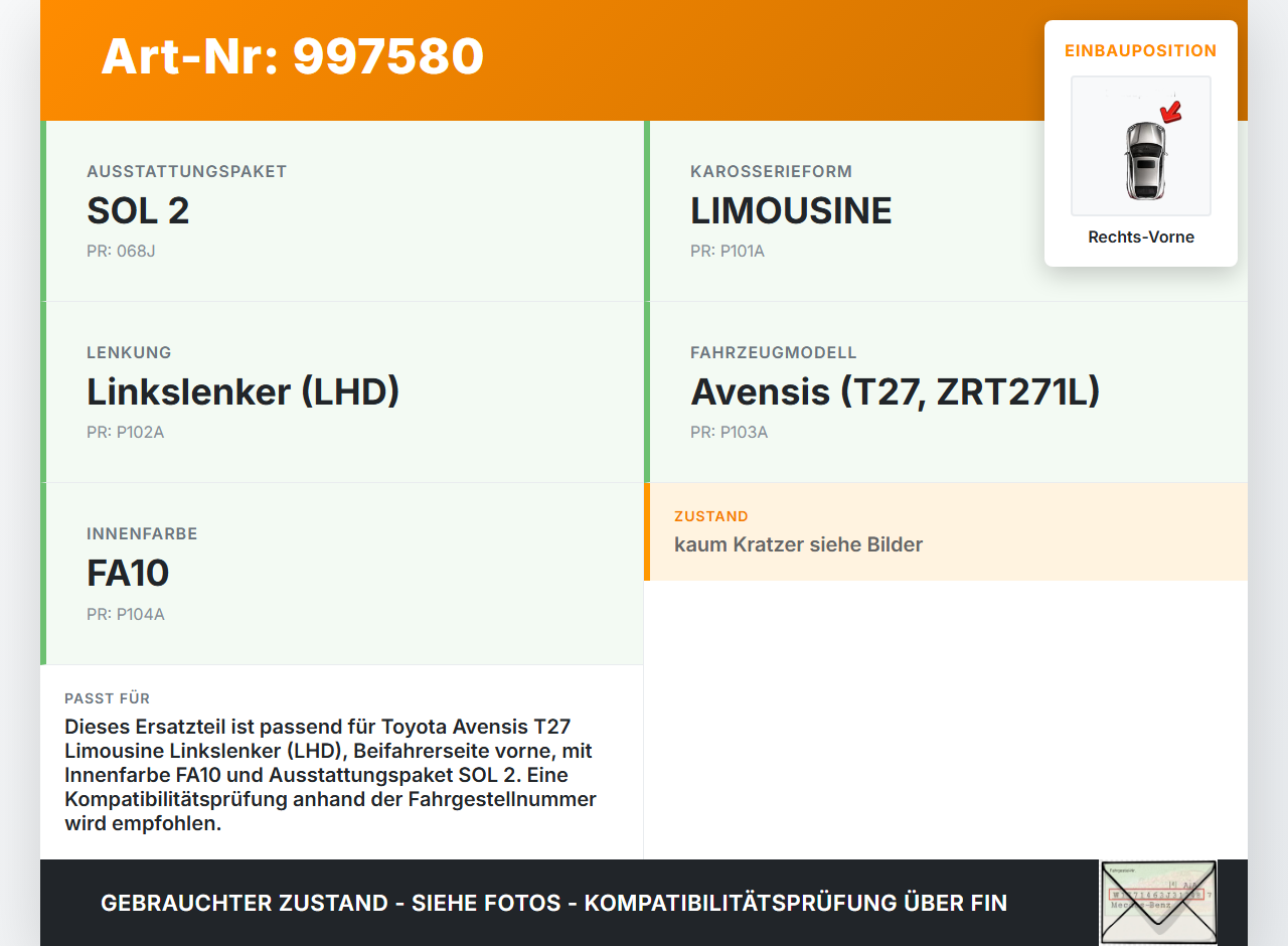 Avensis T27 15-18 Lim Türleiste Rechts Vorne Innen 4V8 Avensis T27 15-18 20.01.2016 67711-05040 67711-05070... Vorschau 3