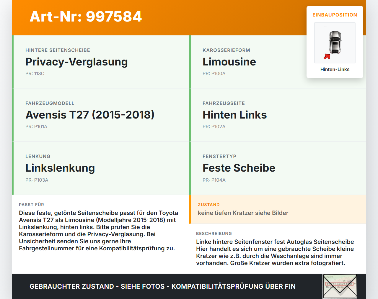 Avensis T27 15-18 Lim Seitenscheibe Feste Scheibe Hinten Links Orig. getönt Avensis T27 15-18 20.01.2016 6818905060... Vorschau 3