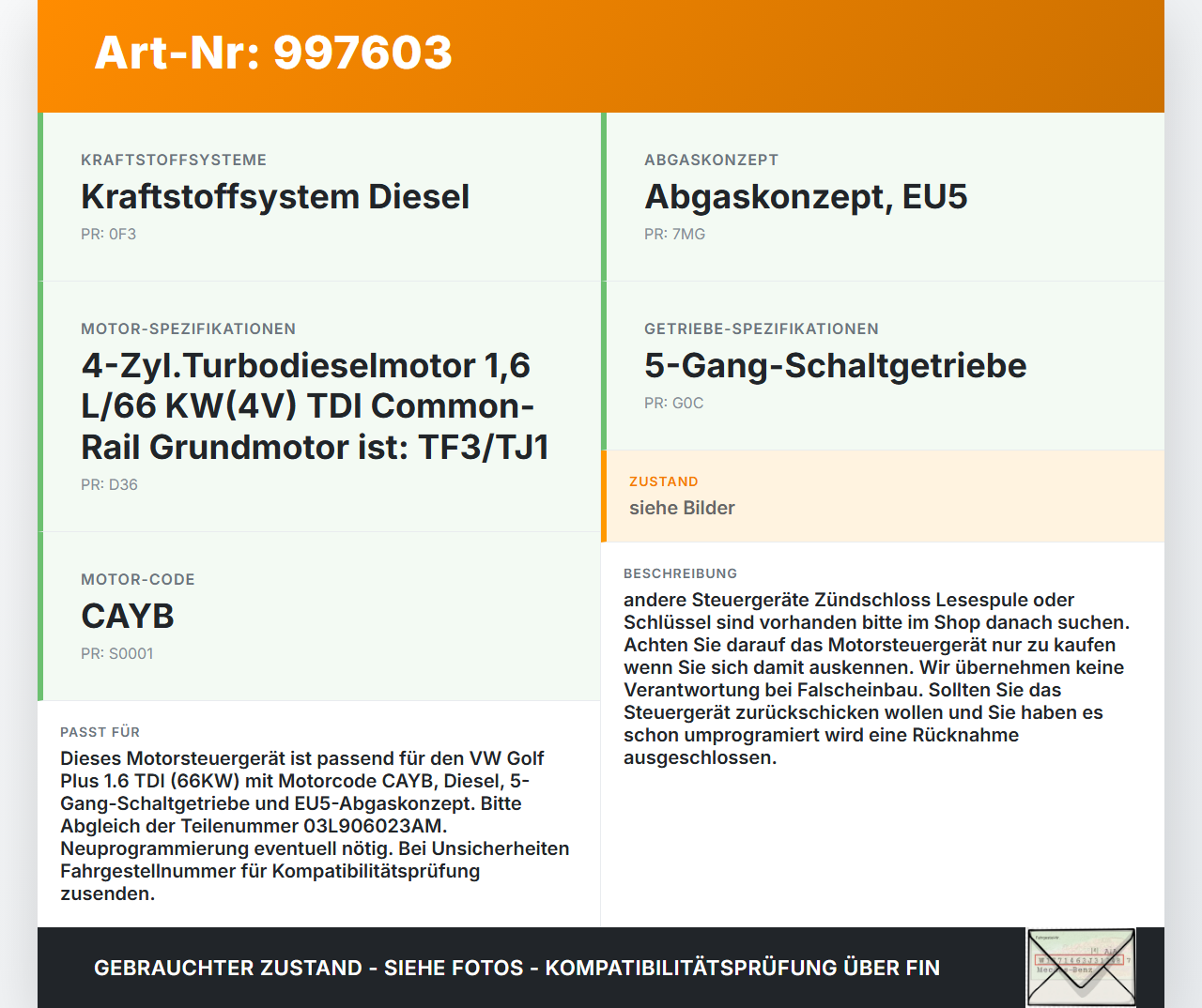 VW Golf Plus 5M 08-14 TDI 1,6 66KW Steuergerät ECU für Motor Motorsteuergerät VW Golf Plus 5M 08-14 07.04.2009... Vorschau 3