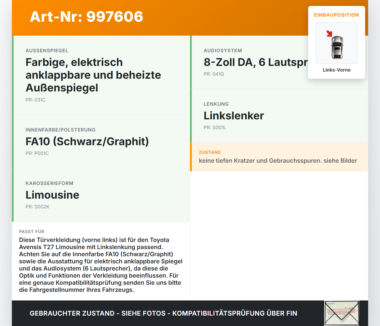 Avensis T27 15-18 Lim Türverkleidung Türpappe Links Vorne Avensis T27 15-18 20.01.2016 gebraucht Vorschau 3