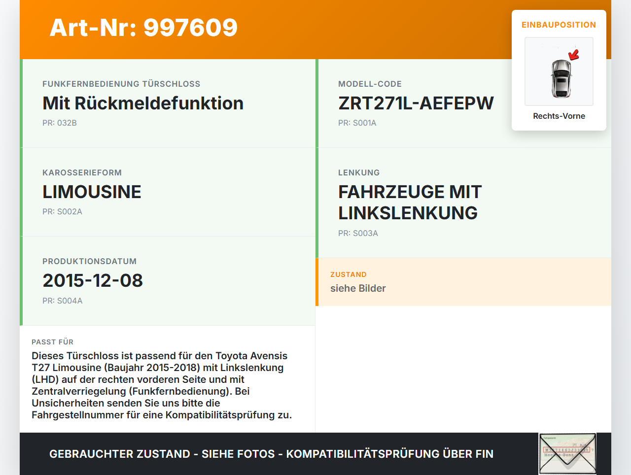 Avensis T27 15-18 Lim Türschloss m. ZV Stellmotor Rechts Vorne Avensis T27 15-18 20.01.2016 6903005131 gebraucht Vorschau 3