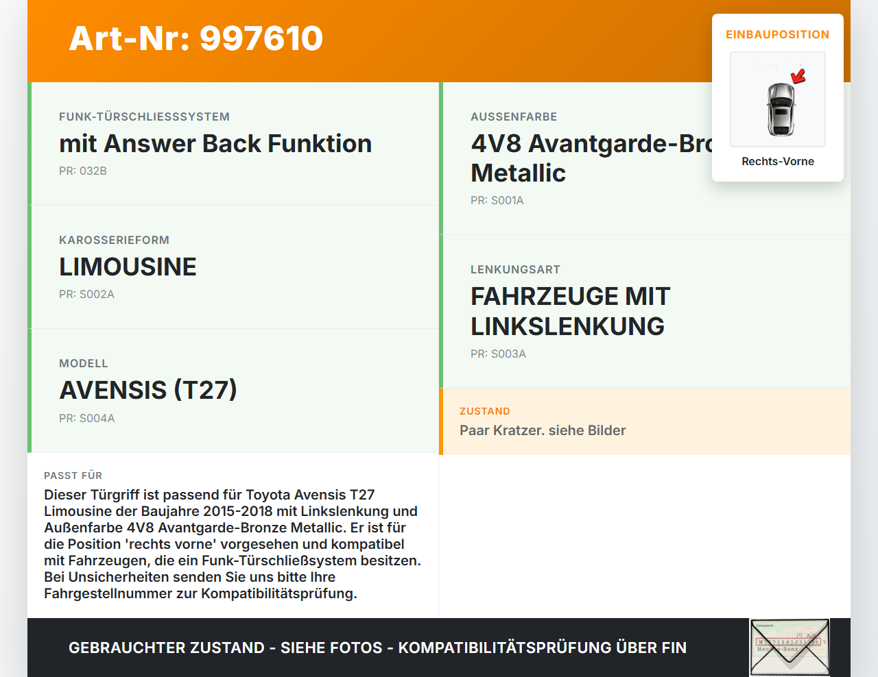 Avensis T27 15-18 Lim Türgriff Griff aussen Rechts Vorne 4V8 Avensis T27 15-18 20.01.2016 gebraucht Vorschau 3