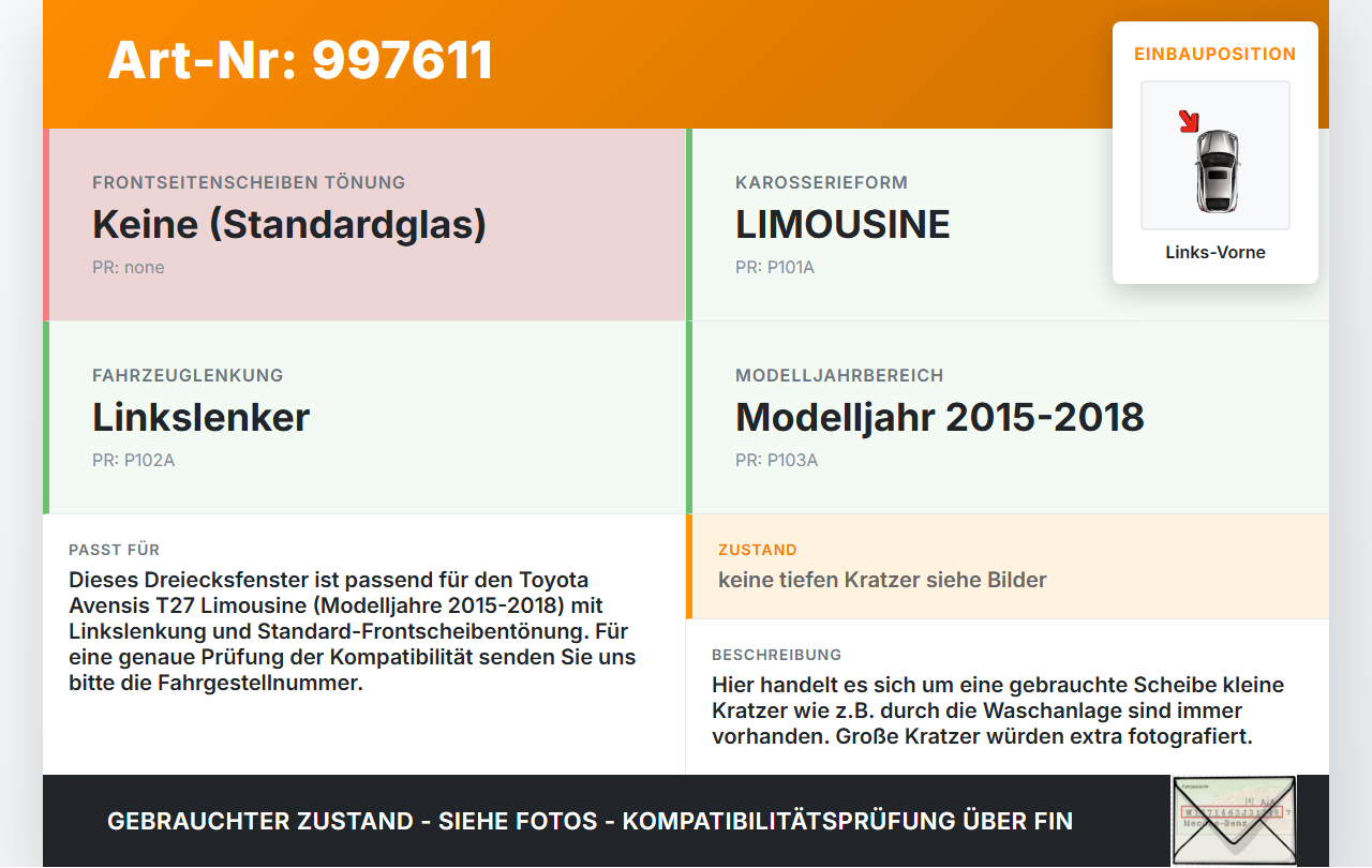 Avensis T27 15-18 Lim Dreieck Seitenscheibe Scheibe Türscheibe Links Vorne Avensis T27 15-18 20.01.2016 6821605010... Vorschau 3