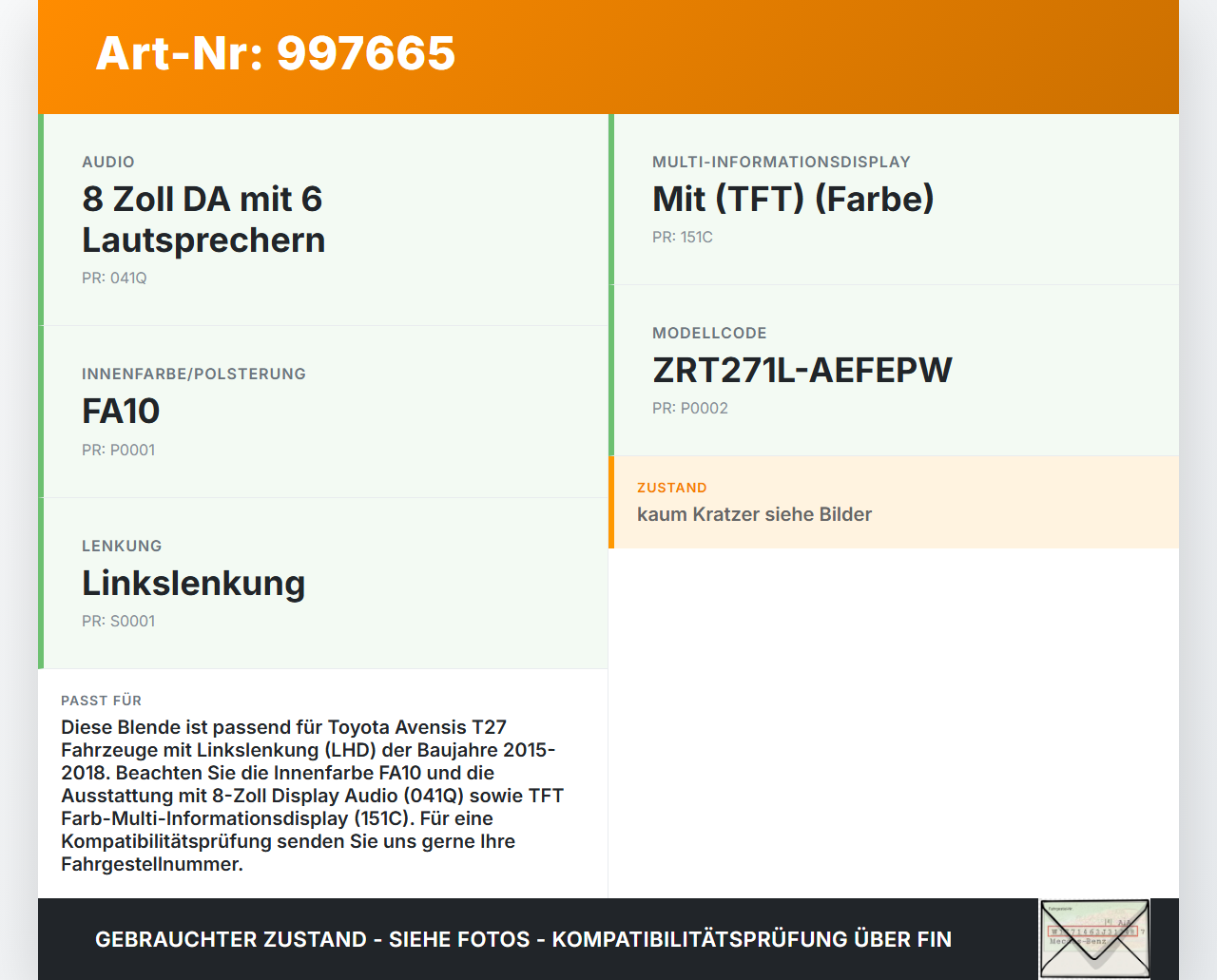 Avensis T27 15-18 Blende für Armaturenbrett Abdeckung Avensis T27 15-18 20.01.2016 55434-05010 gebraucht Vorschau 3