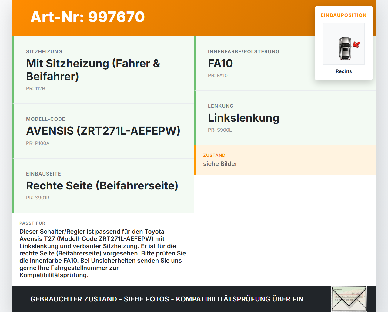Avensis T27 15-18 Schalter Regler für Sitzheizung Rechts Avensis T27 15-18 20.01.2016 453485 650-0U58 gebraucht Vorschau 3