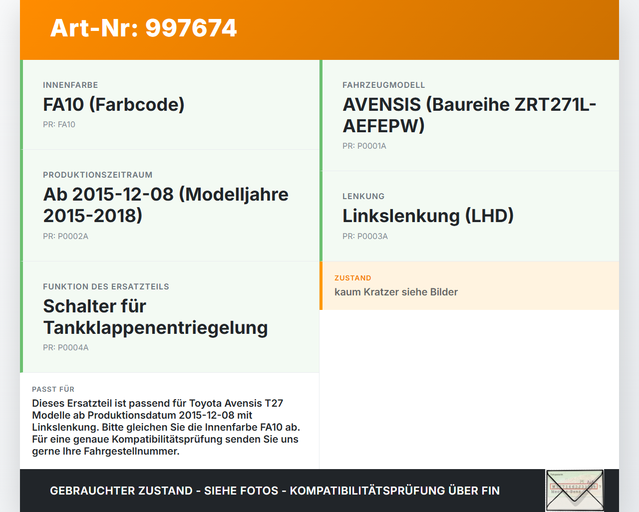 Avensis T27 15-18 Schalter Taster für Tankklappe Tankdeckel Avensis T27 15-18 20.01.2016 8484105030 gebraucht Vorschau 3