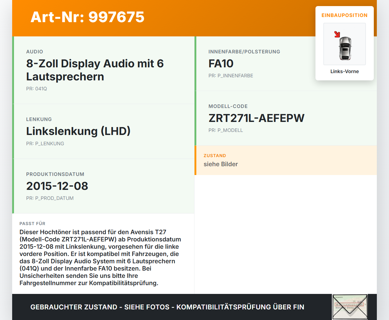 Avensis T27 15-18 Lautsprecher Hochtöner Links Vorne Avensis T27 15-18 20.01.2016 86160-0D350 gebraucht Vorschau 3
