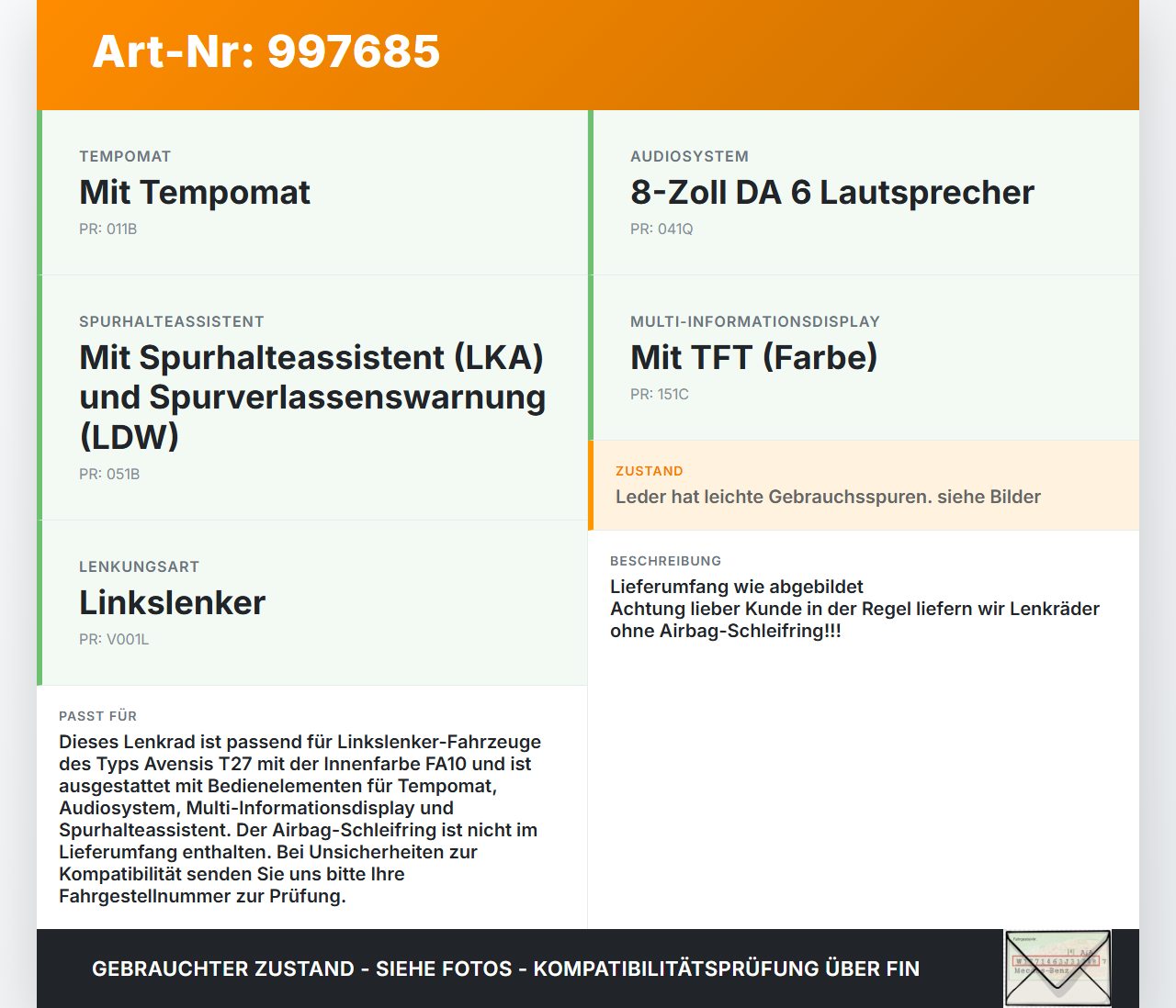 Avensis T27 15-18 Lenkrad Airbaglenkrad Avensis T27 15-18 20.01.2016 4510005A00C3 45100-05A00 gebraucht Vorschau 3