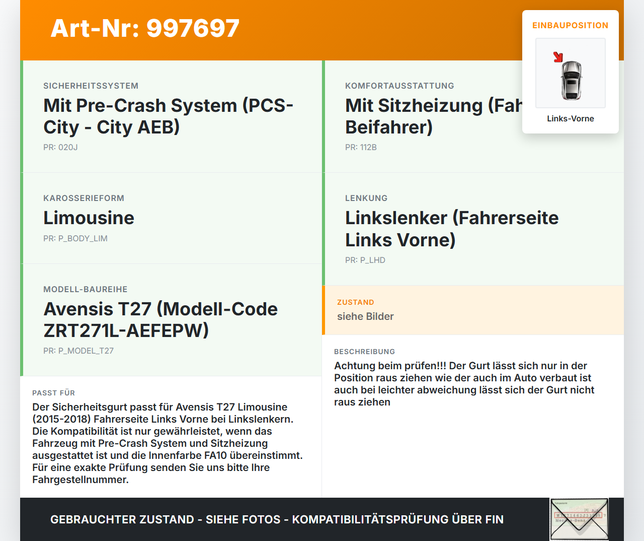 Avensis T27 15-18 Lim Gurt Sicherheitsgurt m. Gurtstraffer für Fahrer Links Vorne Avensis T27 15-18 20.01.2016... Vorschau 3