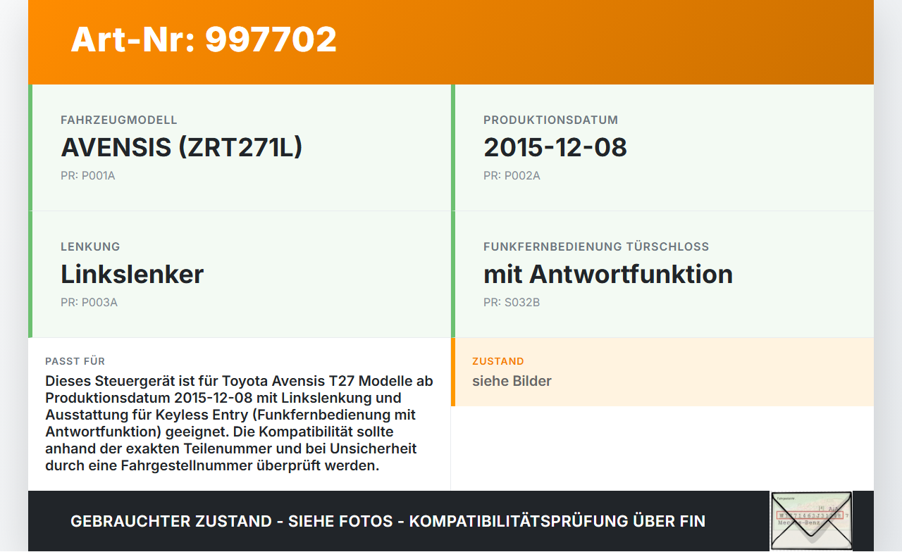 Avensis T27 15-18 Steuergerät ECU Modul Empfänger für Keyless Entry Avensis T27 15-18 20.01.2016 8974102210... Vorschau 3
