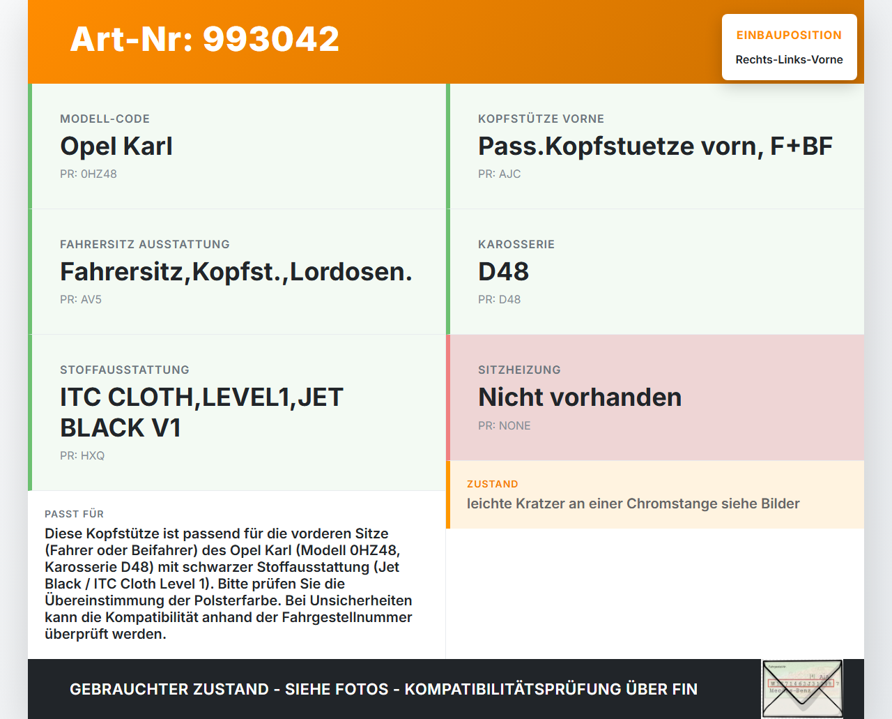 Opel Karl Kopfstütze für Fahrer Sitz Rechts oder Links Vorne Opel Karl 2017 gebraucht Vorschau 3