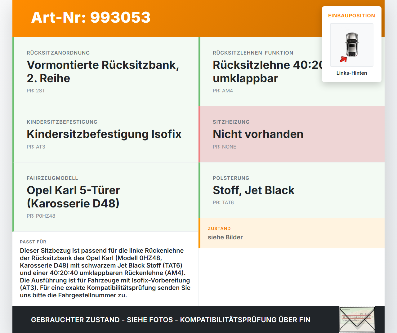 Opel Karl 5T Sitzbezug Rückenpolster Links für Rücksitzbank Hinten Opel Karl 2017 gebraucht Vorschau 3