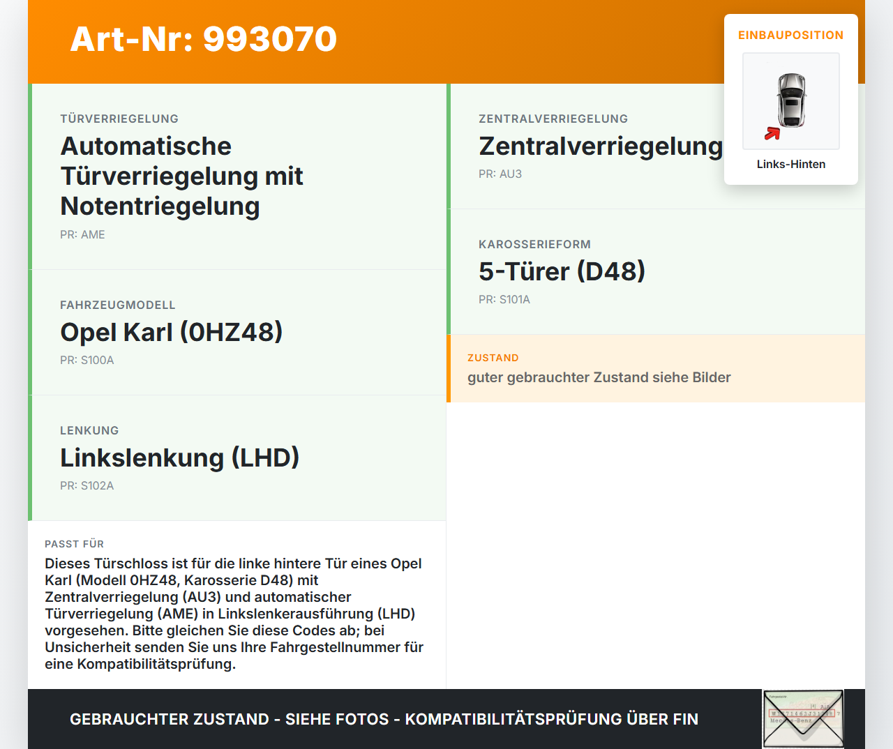 Opel Karl 5T Türschloss m. ZV Stellmotor Links Hinten Opel Karl 2017 gebraucht Vorschau 3