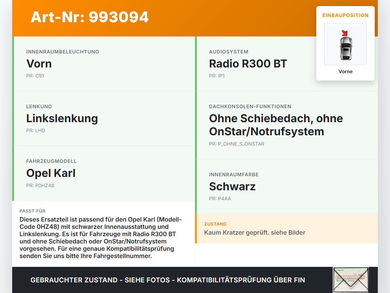 Opel Karl Innenleuchte Innenraumleuchte Vorne Opel Karl 2017 42340960 95260460 TLD-C064LS gebraucht Vorschau 3