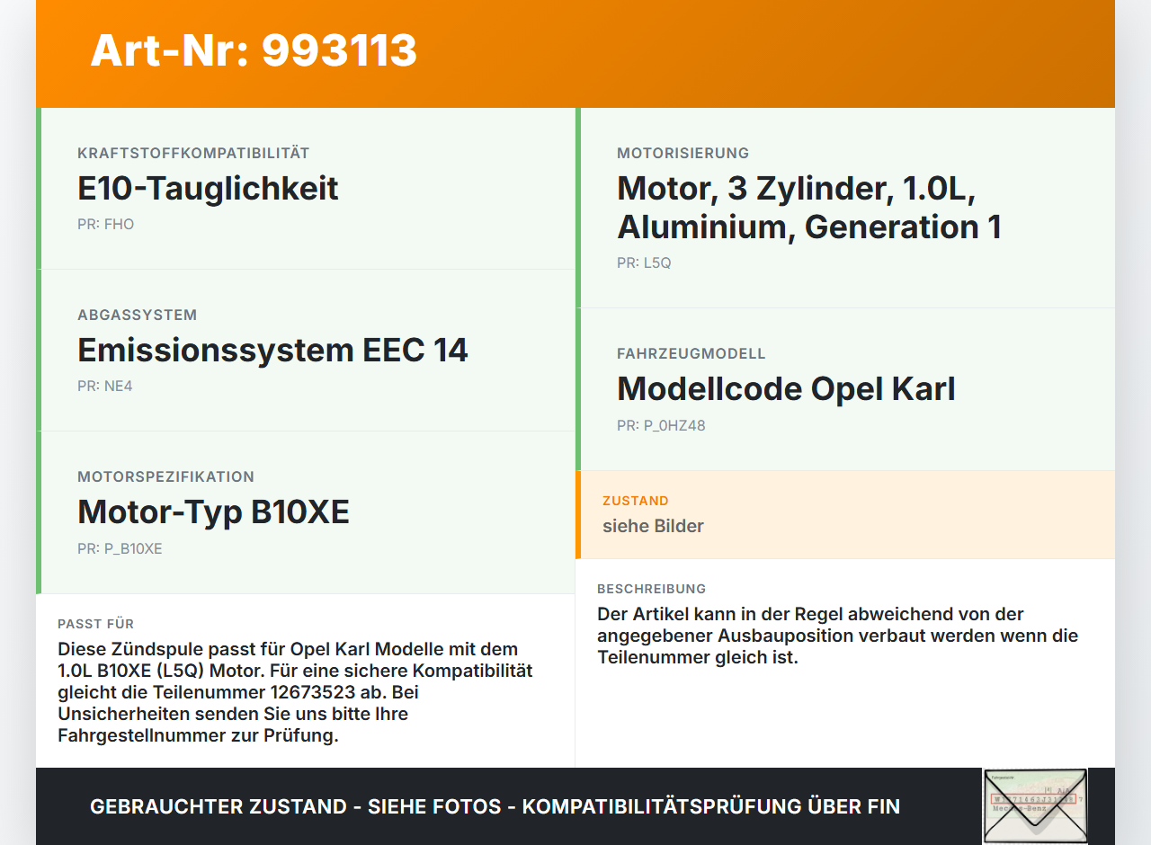 Opel Karl 1,0 55KW Zündspule Zyl.1 Opel Karl 2017 12647553 12673523 gebraucht Vorschau 3
