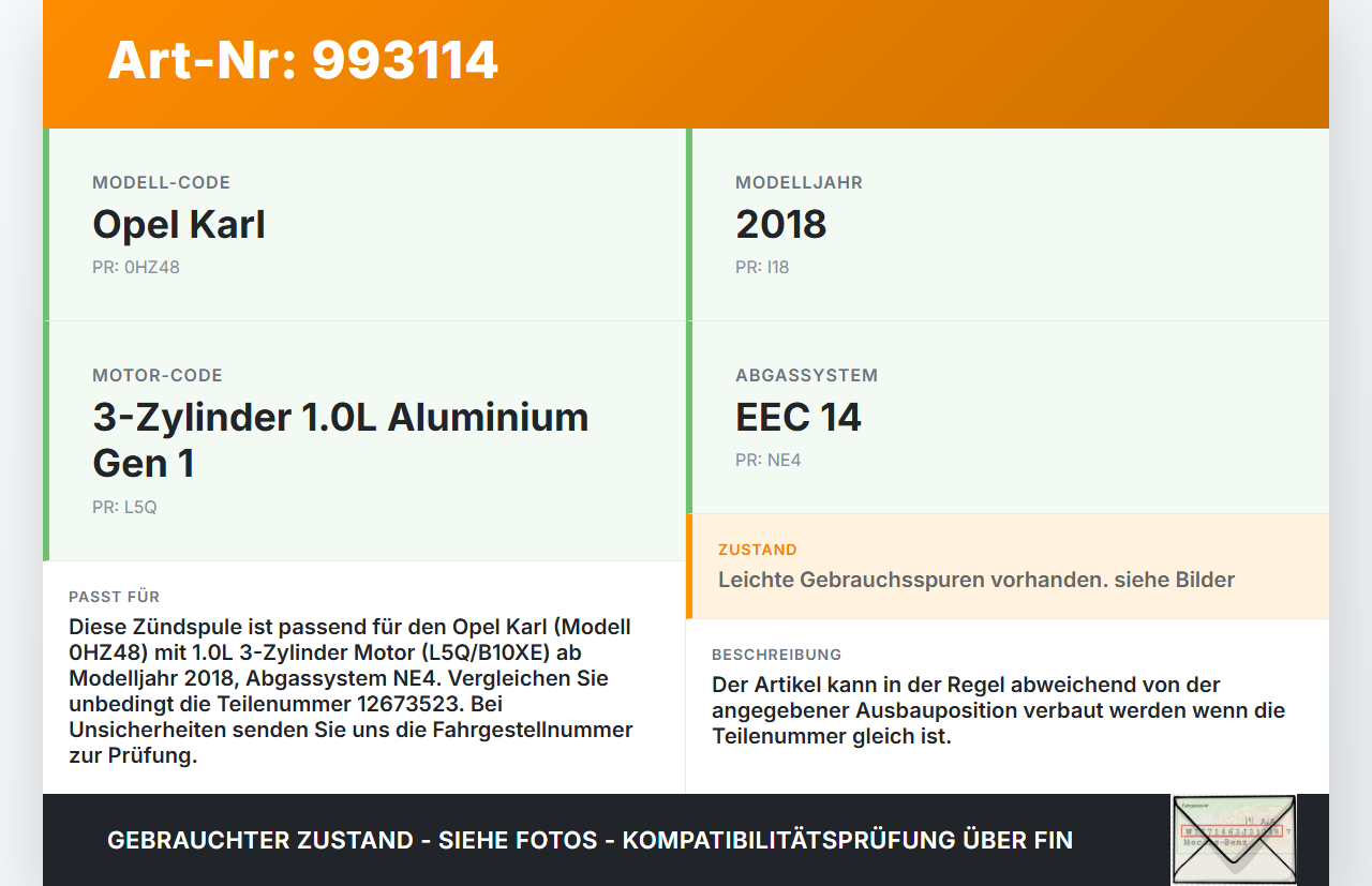 Opel Karl 1,0 55KW Zündspule Zyl.2 Opel Karl 2017 12647553 12673523 gebraucht Vorschau 3