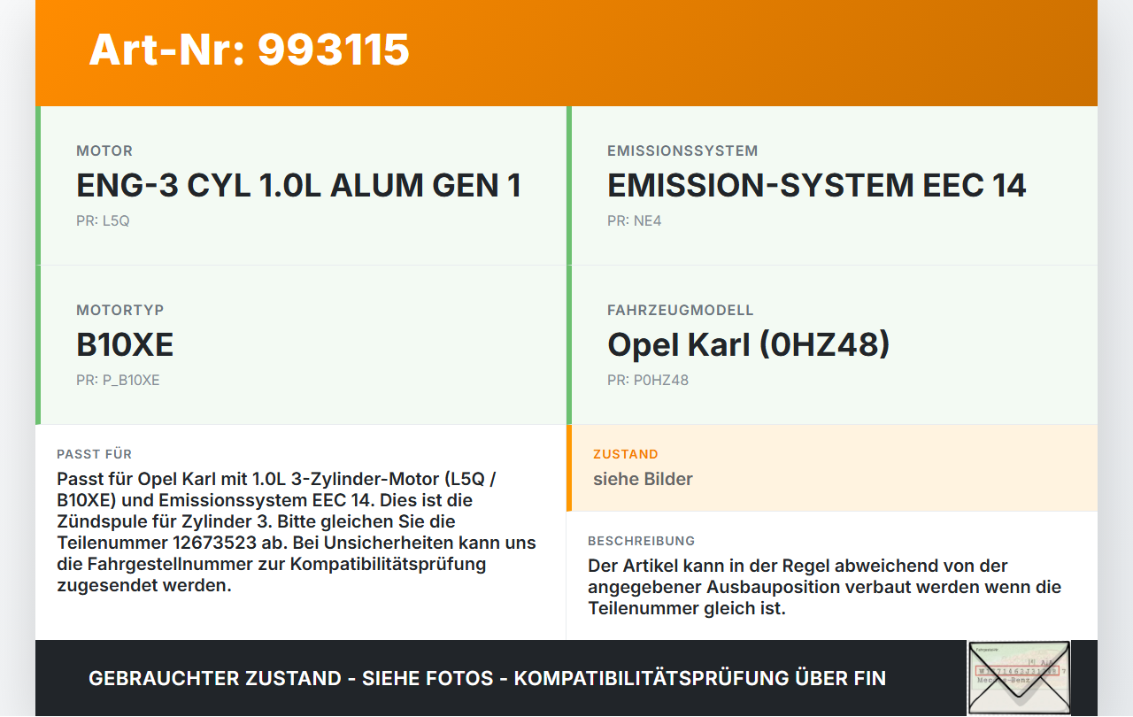Opel Karl 1,0 55KW Zündspule Zyl.3 Opel Karl 2017 12647553 12673523 gebraucht Vorschau 3