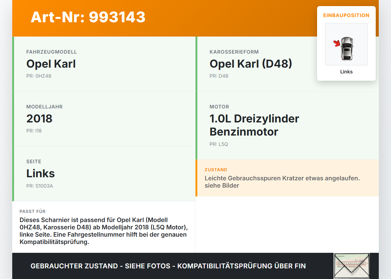 Opel Karl 5T Scharnier für Motorhaube Motorhaubenscharnier Links Opel Karl 2017 42333403 gebraucht Vorschau 3