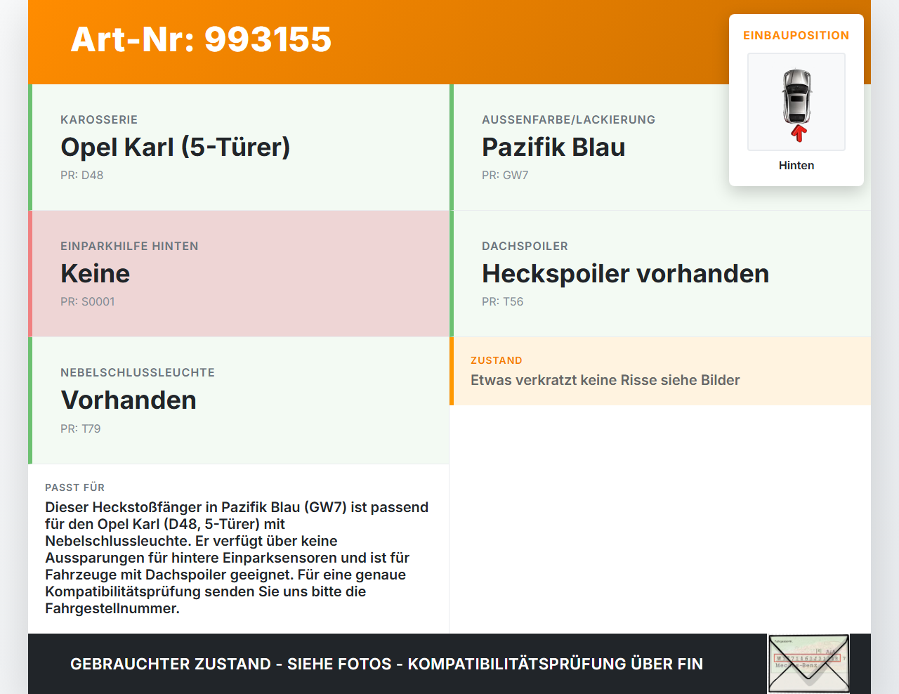 Opel Karl 5T Stoßstange Stoßfänger Heckstosstange Hinten GW7 Opel Karl 2017 42346897 M2JORRCFAS 50P70508003167 gebraucht Vorschau 3