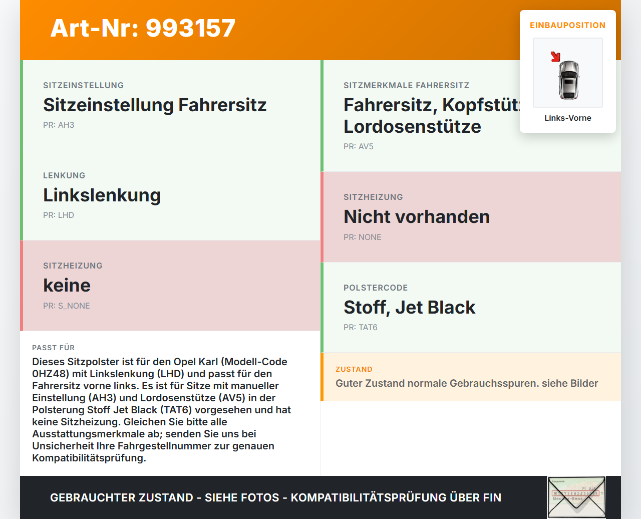 Opel Karl 5T Sitzbezug Sitzpolster für Fahrersitz Sitz Links Vorne Opel Karl 2017 gebraucht Vorschau 3
