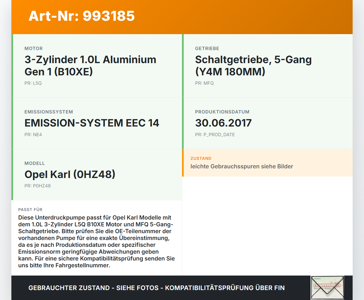 Opel Karl 1,0 55KW L5Q B10XE Unterdruckpumpe Vakuumpumpe Opel Karl 2017 12678247 71031694 9140300240 12673123 gebraucht Vorschau 3