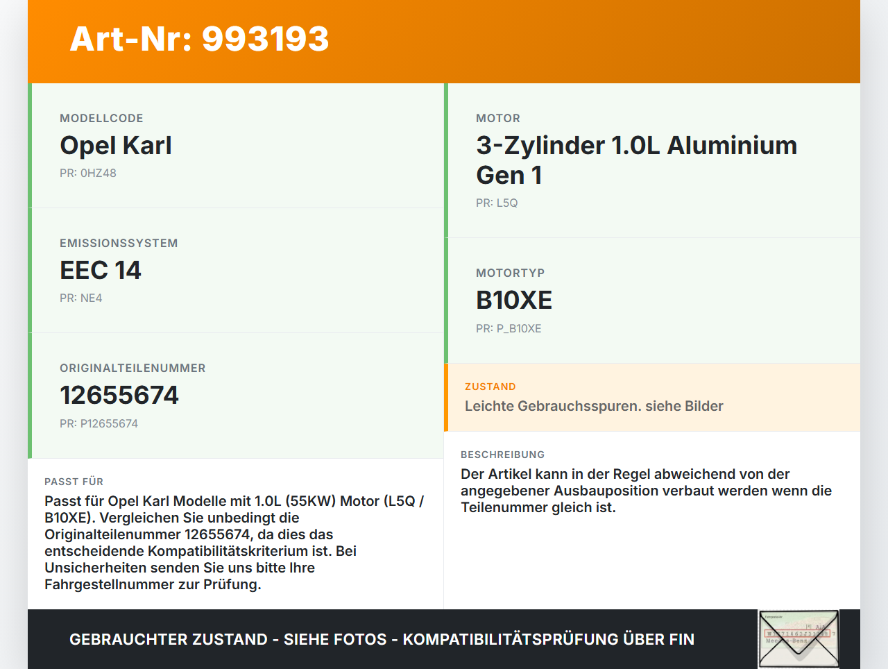 Opel Karl 1,0 55KW Injektor Einspritzdüse Zyl.4 Opel Karl 2017 12655674 gebraucht Vorschau 3