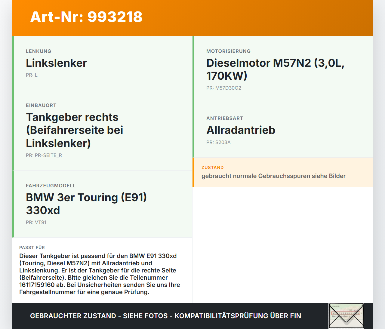 BMW E91 330XD 05-08 3,0D 170KW Tankgeber Tankeinheit BMW E91 330XD 05-08 15.02.2006 03060603 1611-7159160 7159160... Vorschau 3