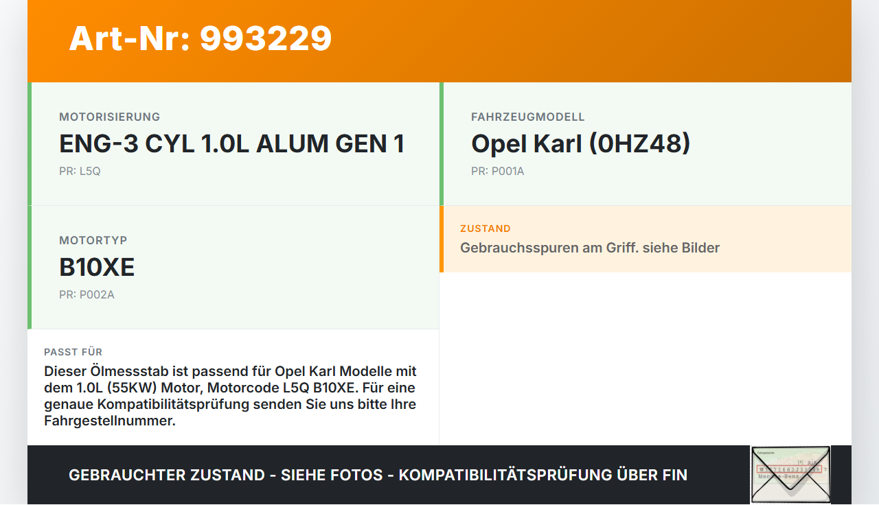 Opel Karl 1,0 55KW L5Q B10XE Ölmessstab Öl Stab Opel Karl 2017 gebraucht Vorschau 3