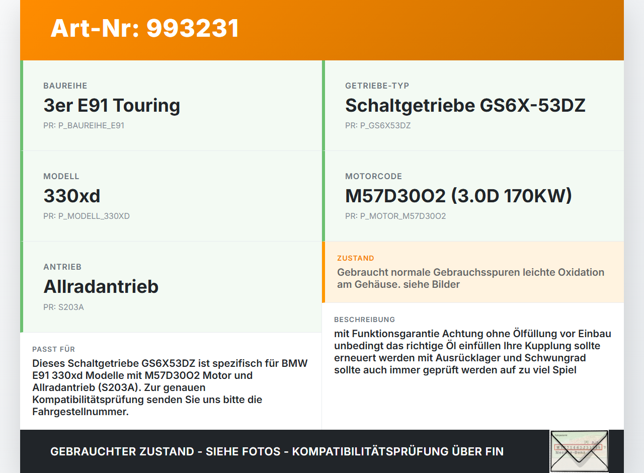 BMW E91 330XD 05-08 3,0D 170KW 4WD GS6X53DZ - THGW Schaltgetriebe Getriebe GS6X53DZ - THGW BMW E91 330XD 05-08... Vorschau 3