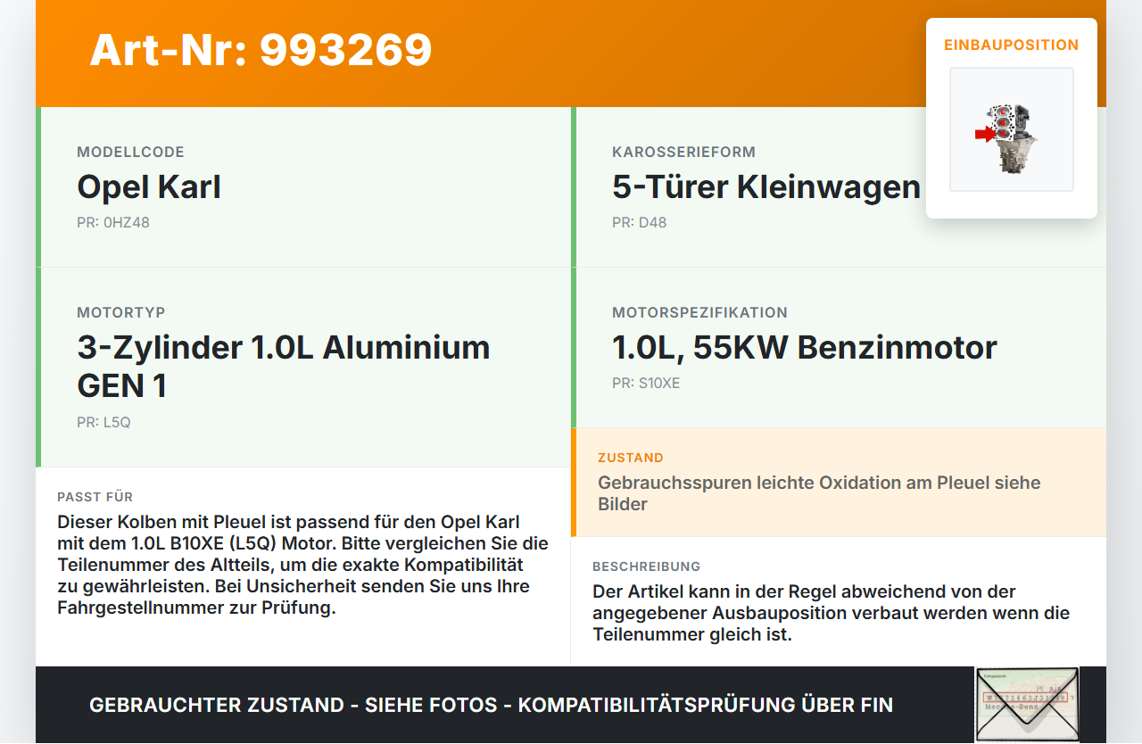 Opel Karl 1,0 55KW L5Q B10XE Kolben mit Pleuel Pos A Opel Karl 2017 gebraucht Vorschau 3