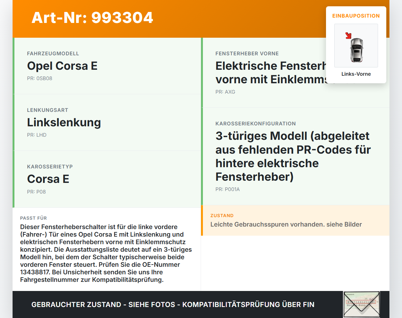 Opel Corsa E 14-19 Fensterheberschalter Schalter Links Vorne Opel Corsa E 14-19 03.01.2017 13438817 315625731 gebraucht Vorschau 3