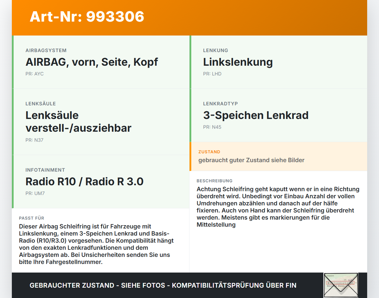 Opel Corsa E 14-19 Airbag Schleifring Wickelfeder Opel Corsa E 14-19 03.01.2017 22914038 gebraucht Vorschau 3