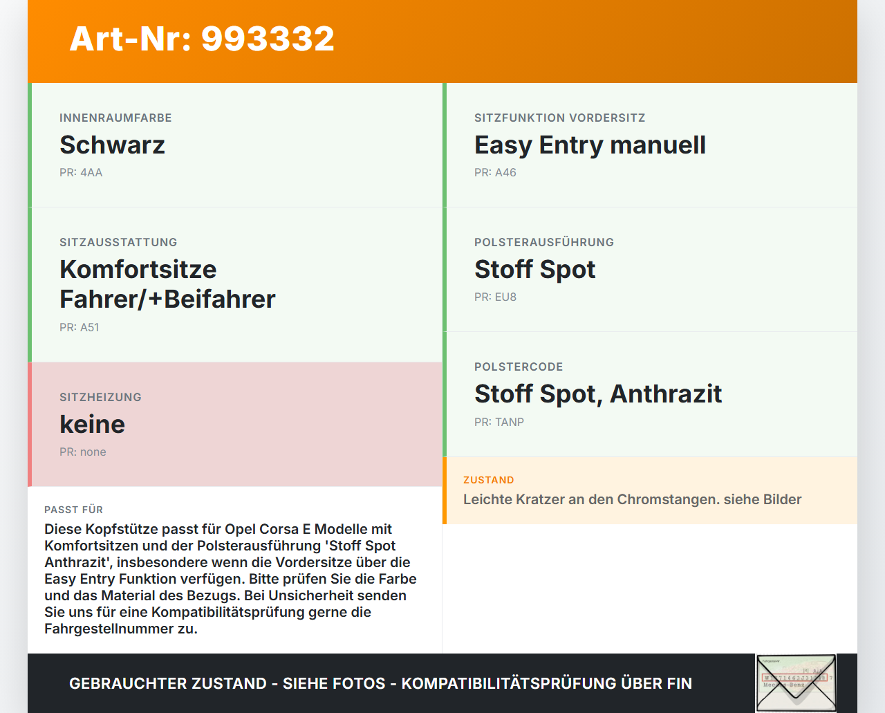 Opel Corsa E 14-19 Kopfstütze Opel Corsa E 14-19 03.01.2017 13411205 gebraucht Vorschau 3