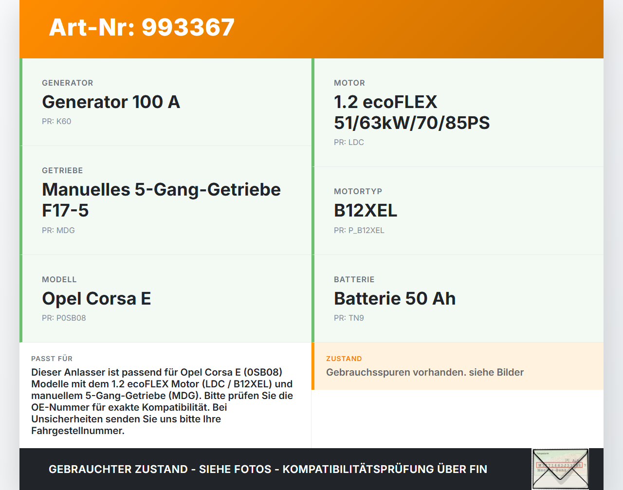 Opel Corsa E 14-19 1,2 51KW Anlasser Starter Opel Corsa E 14-19 03.01.2017 25198414 0001192081 gebraucht Vorschau 3