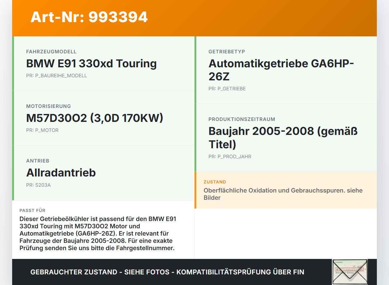BMW E91 330XD 05-08 3,0D 170KW Ölkühler Getriebeölkühler BMW E91 330XD 05-08 15.02.2006 7788462 11427788462 gebraucht Vorschau 3
