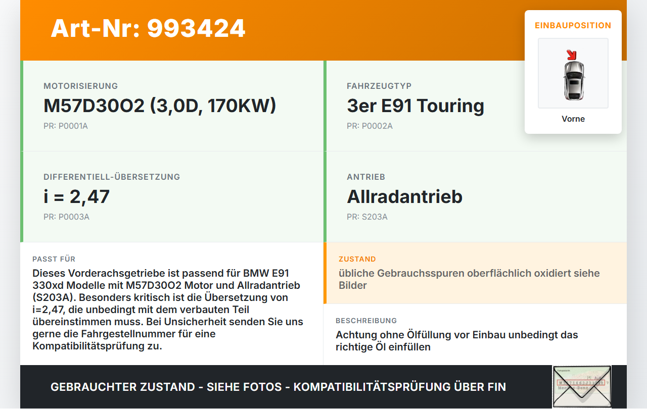 BMW E91 330XD 05-08 3,0D 170KW 4WD Differential Vorderachsgetriebe Achsgetriebe Vorne 2,47 BMW E91 330XD 05-08... Vorschau 3