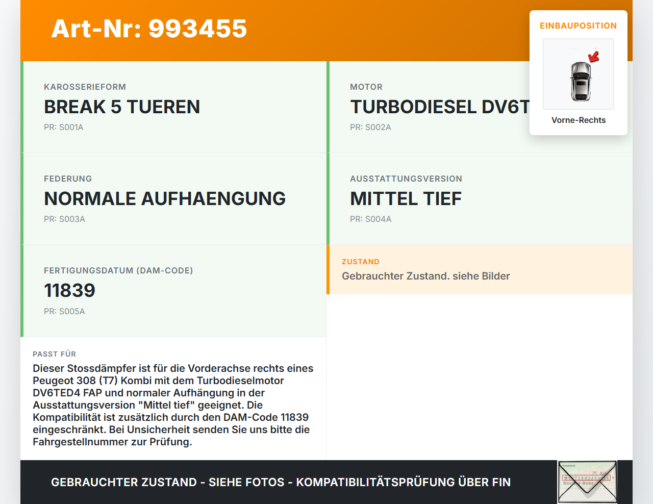 Peugeot 308 08-11 Kombi Stossdämpfer Federbein Vorne Rechts Peugeot 308 08-11 12.06.2009 520820 gebraucht Vorschau 3