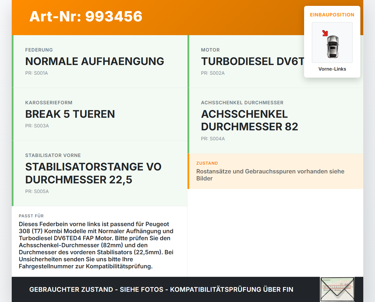 Peugeot 308 08-11 Kombi Stossdämpfer Federbein Vorne Links Peugeot 308 08-11 12.06.2009 520819 gebraucht Vorschau 3