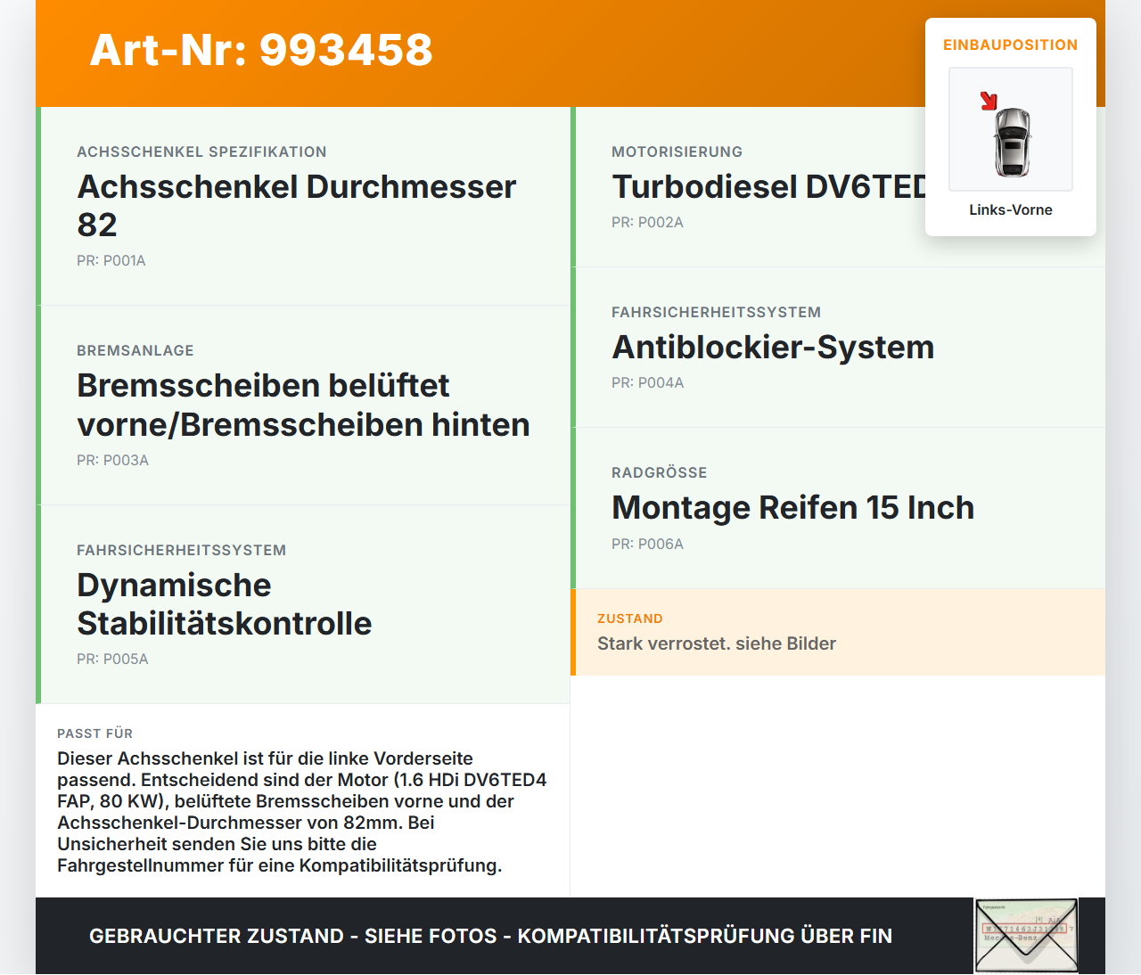 Peugeot 308 08-11 HDi 1,6 72KW Achsschenkel Radnabe Links Vorne Peugeot 308 08-11 12.06.2009 364696 gebraucht Vorschau 3