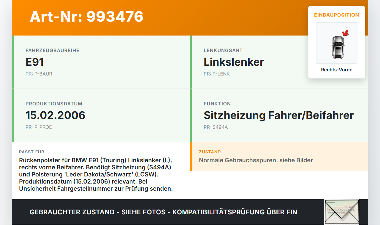 BMW E91 330XD 05-08 Rückenpolster Rechts Vorne für Beifahrer beheizt BMW E91 330XD 05-08 15.02.2006 gebraucht Vorschau 3