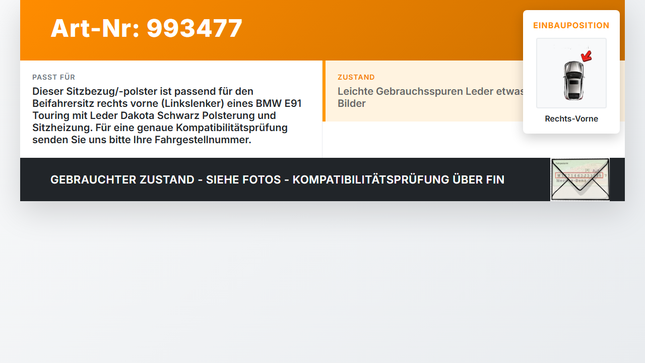 BMW E91 330XD 05-08 Kombi Sitzbezug Sitzpolster für Beifahrersitz Rechts Vorne beheizt BMW E91 330XD 05-08... Vorschau 3