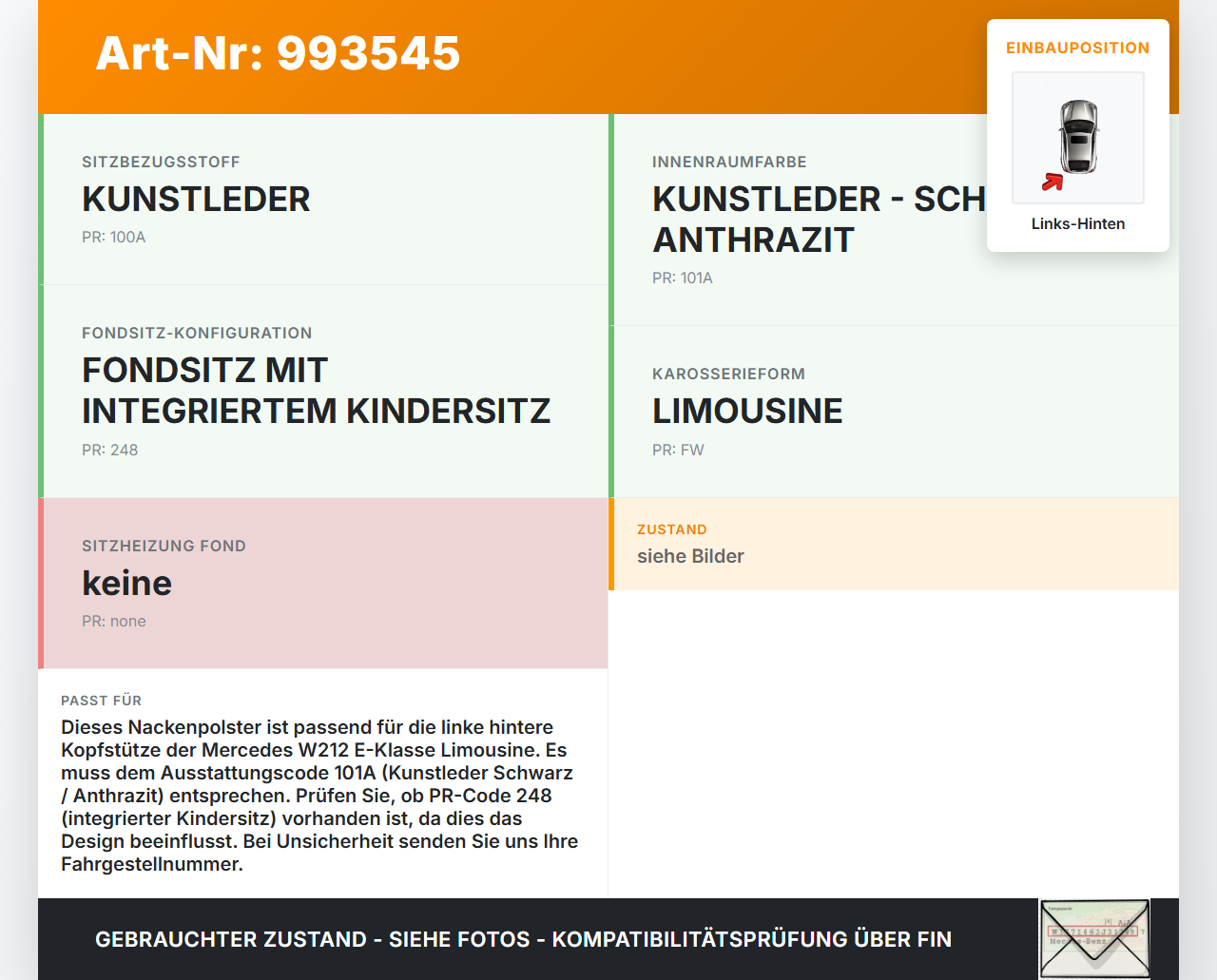 Mercedes W212 E200 09-13 Kopfstütze Links Hinten Mercedes W212 E200 09-13 03.11.2010 A2129700650 gebraucht Vorschau 3