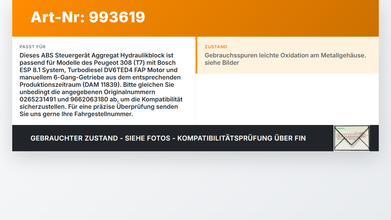 Peugeot 308 08-11 ABS Steuergerät Aggregat Hydraulikblock Peugeot 308 08-11 12.06.2009 0265231491 9662063180 gebraucht Vorschau 3